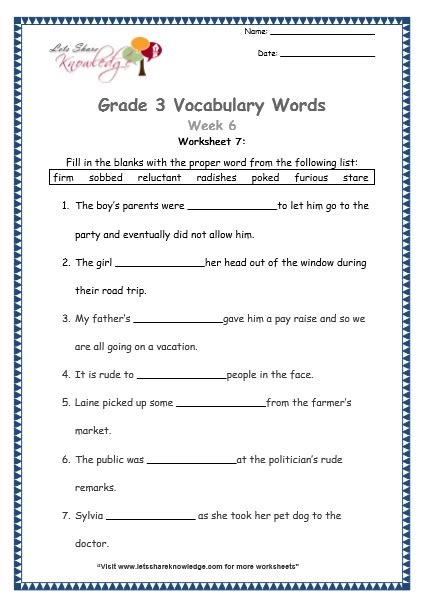 Grade 3: Vocabulary Worksheets Week 6 – Lets Share Knowledge