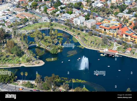 Echo Lake Park in Los Angeles, CA, USA. Aerial view of Echo Park Lake ...