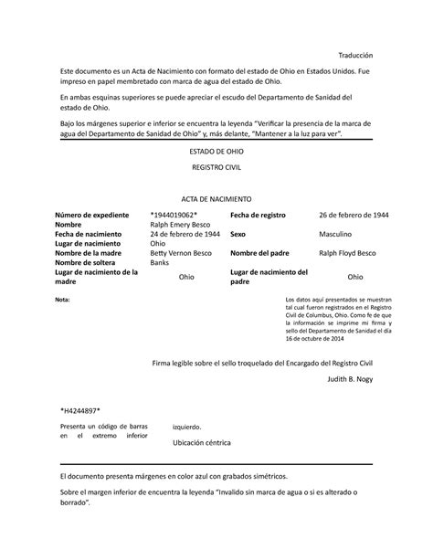 Ejemplo de traducción de acta de nacimiento eng-esp - Traducción Este documento es un Acta de ...