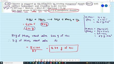 Chlorine is prepared by treating (MnO2) with hcl How many gm of HCl react with 5.0 g of Mno2 ...