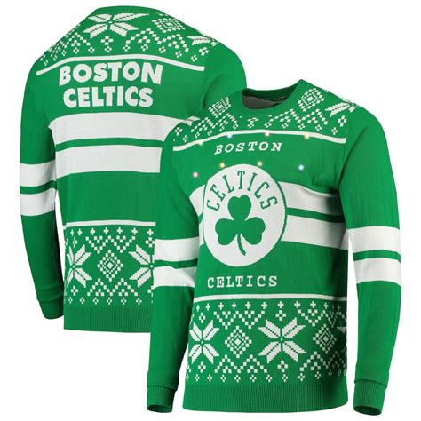 Men's Boston Celtics Kelly Green Big Logo Striped Light-Up Pullover Sweater