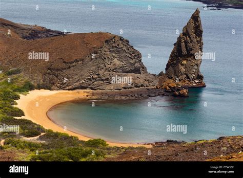 Aerial view of Pinnacle Rock with beach, Galapagos Islands National Park, Bartolome Island ...