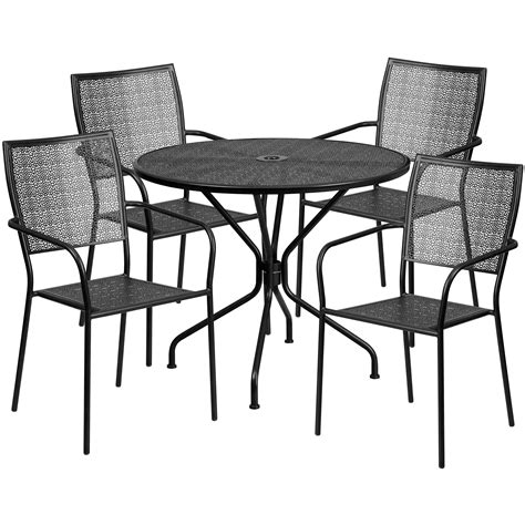 Flash Furniture 35.25'' Round Black Indoor-Outdoor Steel Patio Table Set with 4 Square Back ...