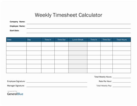 Weekly Timesheet Calculator in PDF (Blue)