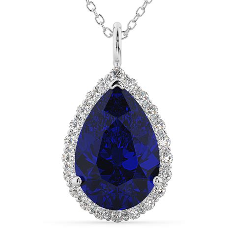 Halo Blue Sapphire & Diamond Pear Shaped Pendant Necklace 14k White Gold 8.34ct - AD4587