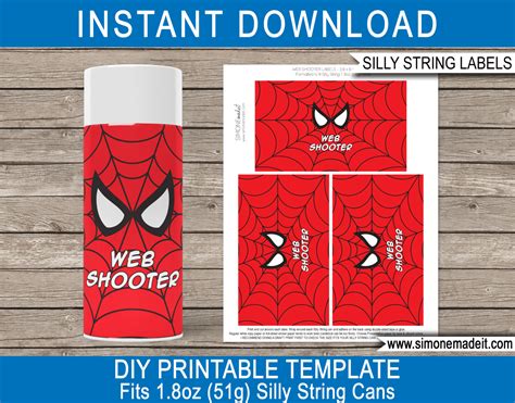 Printable Spiderman Web Shooter Silly String labels Template | Superhero