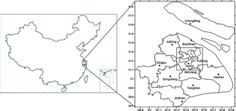 Shanghai within China and the spatial distribution of 11 weather ...