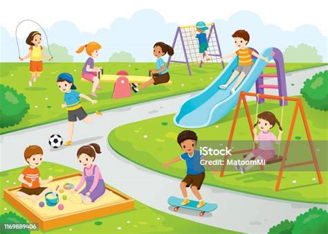 Happy Children Playing Joyfully On The Playground Stock Illustration ...