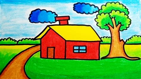 How To Draw House Scenery For Kids |Drawing House Scenery Very Easy ...