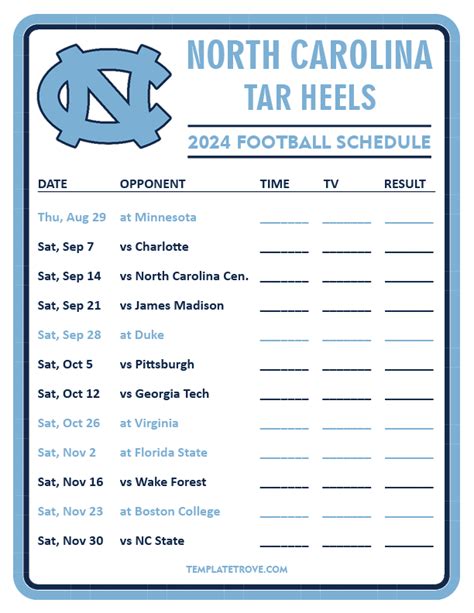 Printable 2024 North Carolina Tar Heels Football Schedule