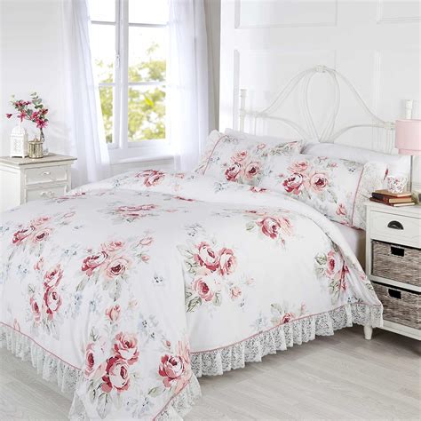 Floral Fully Frilled Lace Trim Double Duvet Cover Set Evelyn Pink ...