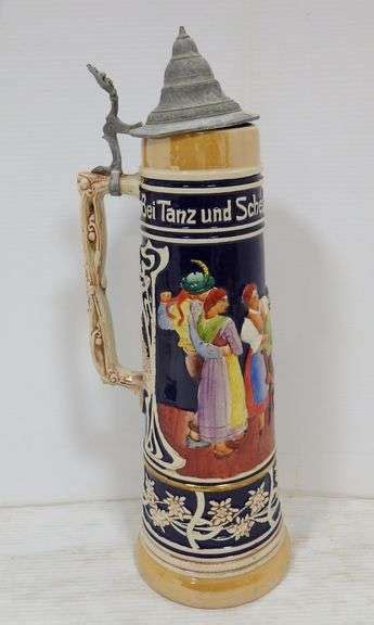 Gerz German beer stein with lid, "Bei Tanz und Scherz Bleibt Froh das Herz" meaning "Dancing and ...