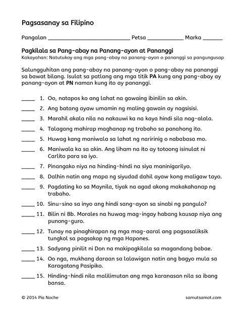 (PDF) Pagsasanay sa Filipino - · PDF fileSalungguhitan ang pang-abay na ...