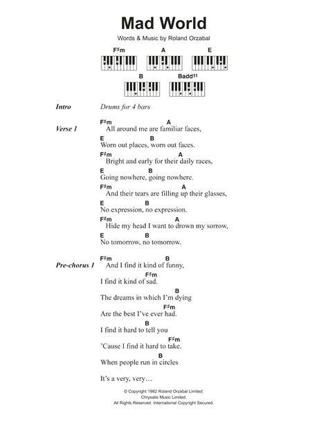 Mad World (from Donnie Darko) by Gary Jules Sheet Music for Piano Chords/Lyrics at Sheet Music ...