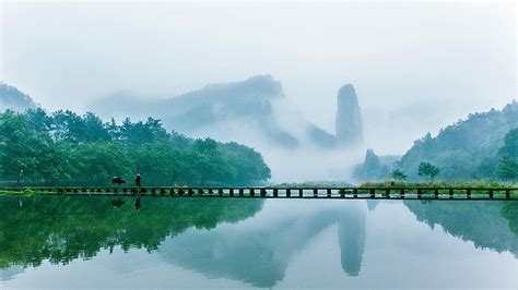 Footbridge, jinyun, lishui, zhejiang, china, mountain, misty, mist, reflection, HD wallpaper ...