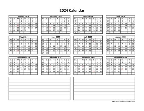 Yearly 2024 calendar printable with space for notes | Free-calendar-template.com