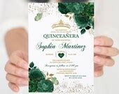 Editable Emerald Green Quinceañera Invitations Mexican Green - Etsy
