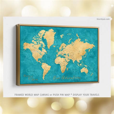 a blue and gold world map is hanging on the wall