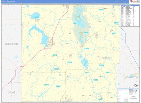 Dodge County, WI Zip Code Wall Map Basic Style by MarketMAPS - MapSales