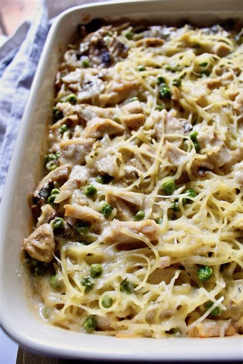 Turkey Tetrazzini, creamy baked pasta casserole with diced turkey, mushrooms and peas. # ...