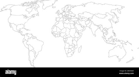 Blank map of World with thin black smooth country borders on white background. Simplified flat ...