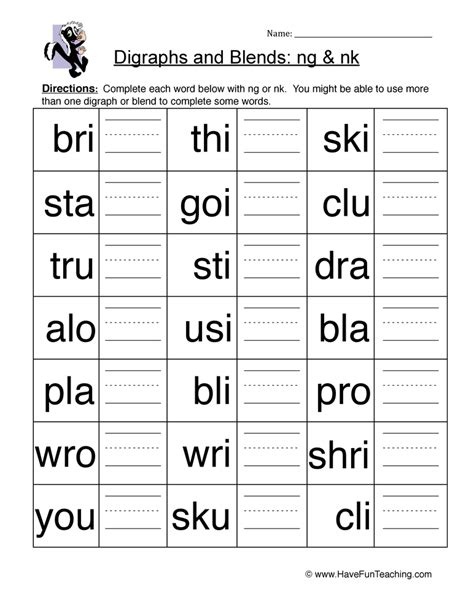 NG and NK Digraph Worksheet by Teach Simple