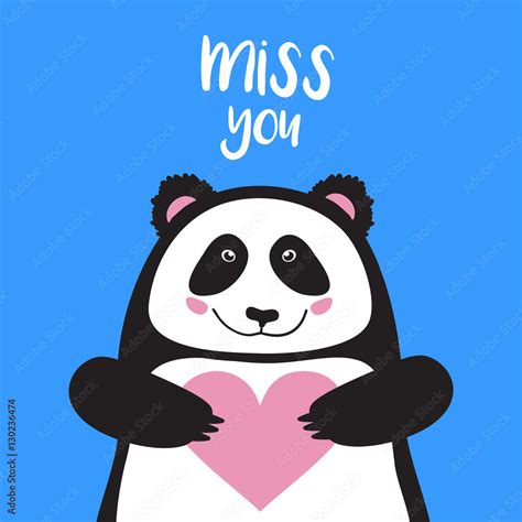 vector card, banner lettering letters I miss you, cartoon panda holding ...