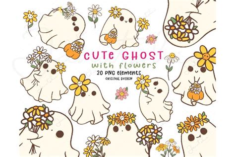 Playful Kawaii Halloween Ghost with flowers png Clip Art Set