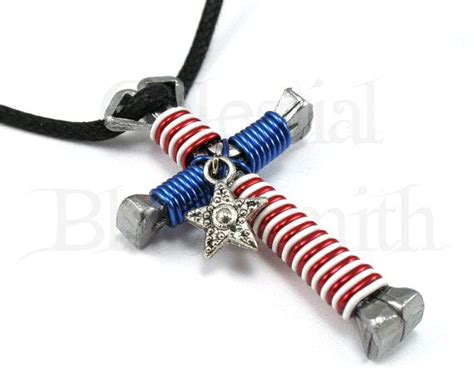 US Flag Patriotic Cross Necklace with Star Charm - Blue White Red Wire Wrapped Horseshoe Nail ...