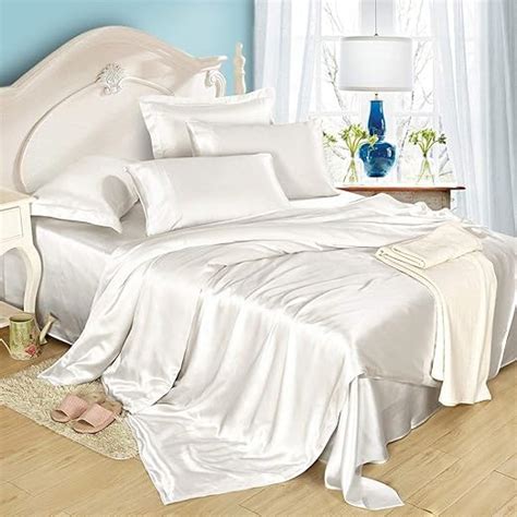 Amazon.com: LilySilk 4Pcs White Silk Sheets Queen Size - Flat Sheet ...