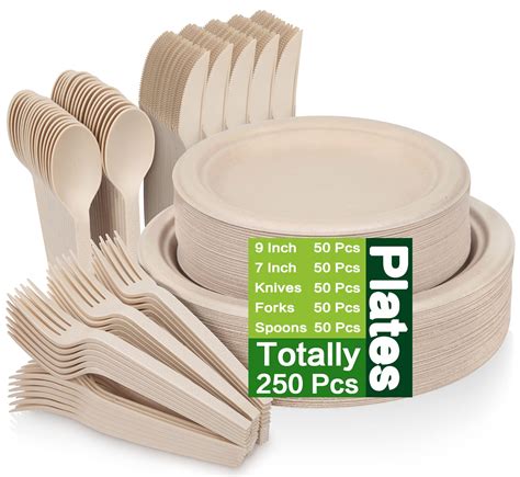 Buy 250 Piece Compostable Paper Plates Set with Extra Long Utensils ...