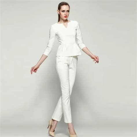 Fashion Stretch Cotton Women White Pant Suits Three Quarter Sleeve ...