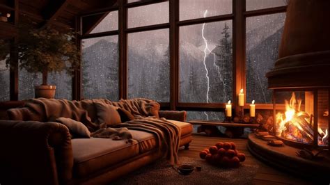 8 Hours Cozy Cabin Ambience with Gentle Night Rain and thunderstorm sounds for sleeping - YouTube