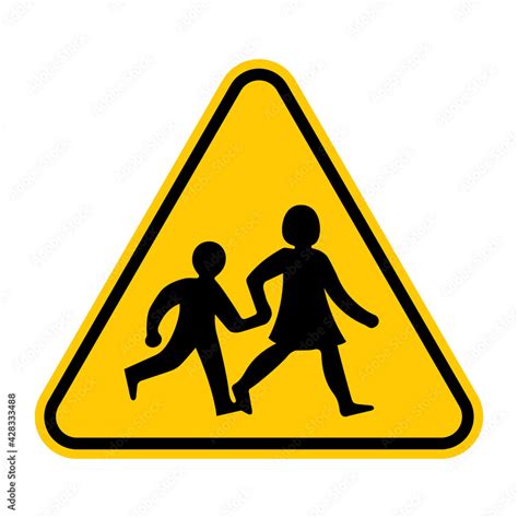 School children traffic sign. Vector illustration of yellow triangle warning road sign with two ...