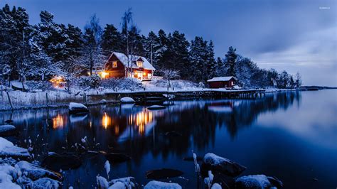 Lakeside winter cabin wallpaper - World wallpapers - #25436