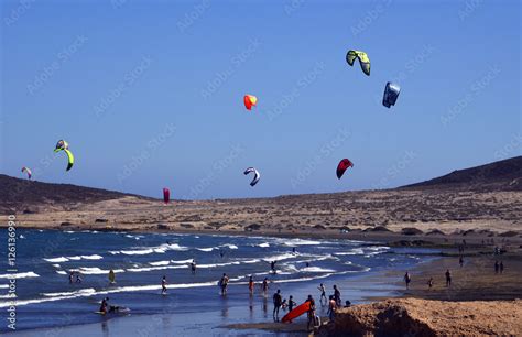 El Medano surfing and kitesurfing beach in south coast of Tenerife ...