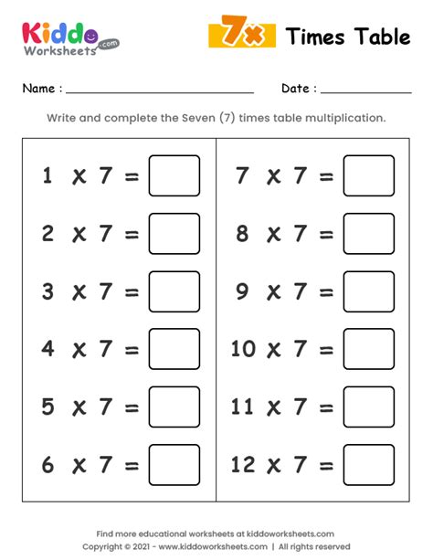 Free Printable 7 Times Table Worksheet Worksheet - kiddoworksheets