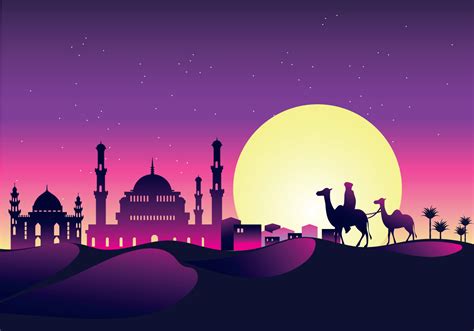 Ilustración vectorial de camping con los camellos en la noche con la mezquita y el cielo en la ...