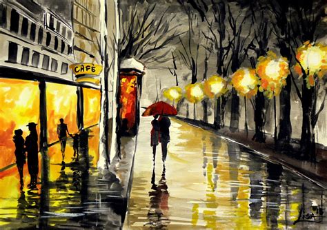 Original Watercolor Painting Wet Night In Paris Original