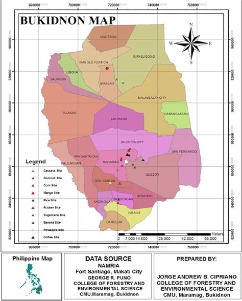 Bukidnon map showing the various sampling sites of the study Source ...