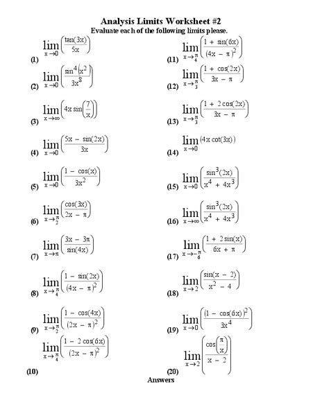 Evaluating Limits Worksheet for 11th - Higher Ed | Lesson Planet