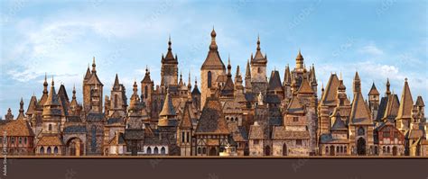 European medieval fantasy town panorama. Ancient Europe fairytale ...