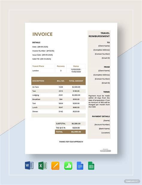 Free Travel Reimbursement Invoice Template - Download in Word, Google Docs, Excel, Google Sheets ...