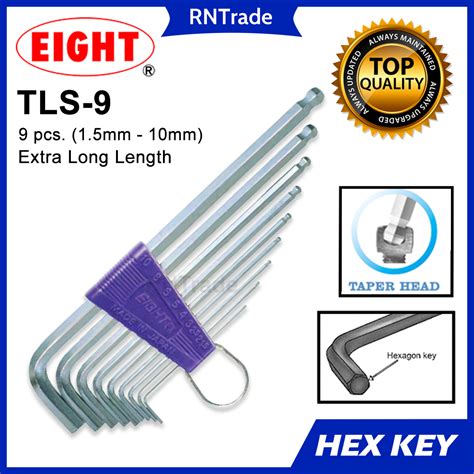 EIGHT Allen Wrench Hex Key Set TLS-9 9pcs (1.5mm to 10mm) Long, Taper head, Chrome finish, Made ...