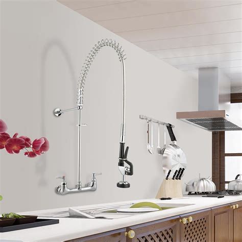 Aquaterior Double Handle Pull Down Sprayer Kitchen Faucet Commercial 360° Swive Spout Wall Mount ...