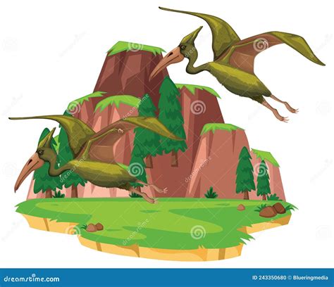 Scene with Pterosaurs Flying Stock Vector - Illustration of drawing ...