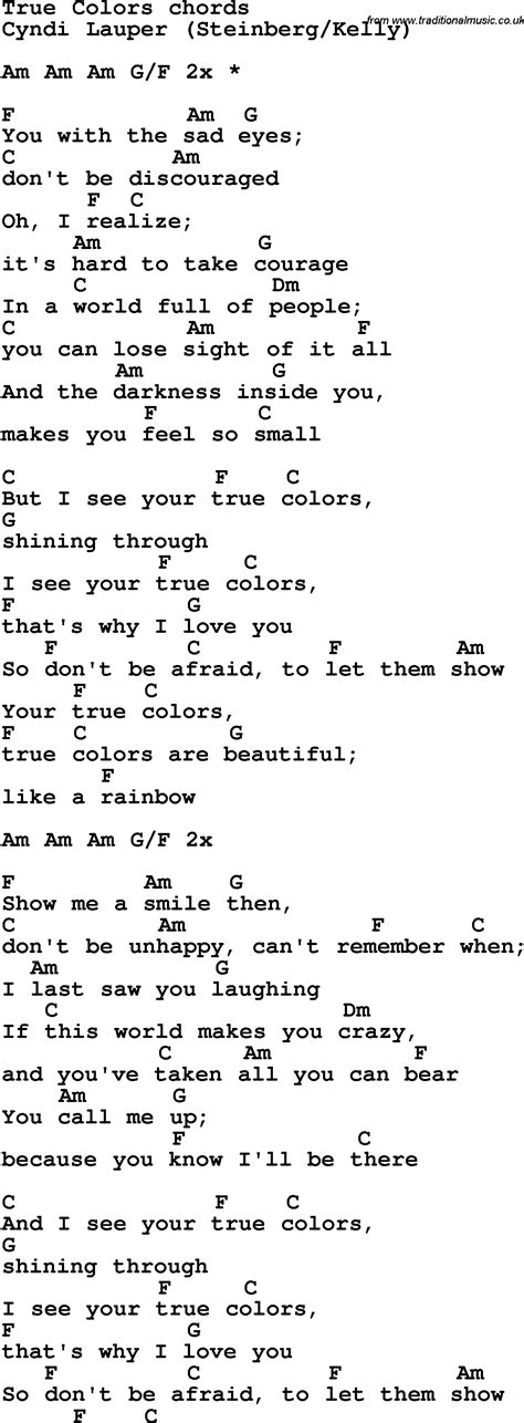 Song lyrics with guitar chords for True Colors