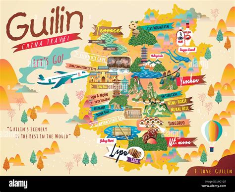 China Guilin travel map with famous attractions and specialties Stock ...