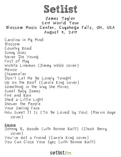 James Taylor Setlist Blossom Music Center, Cuyahoga Falls, OH, USA 2017 ...