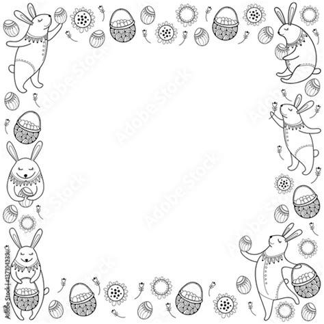 Vector Happy Easter frame with outline easter rabbit, egg and basket isolated on white ...